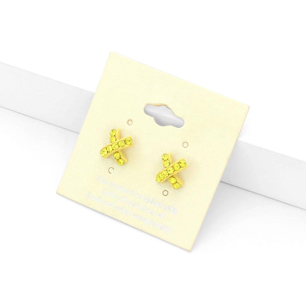 Yellow Rhinestone Embellished Crisscross Stud Earrings