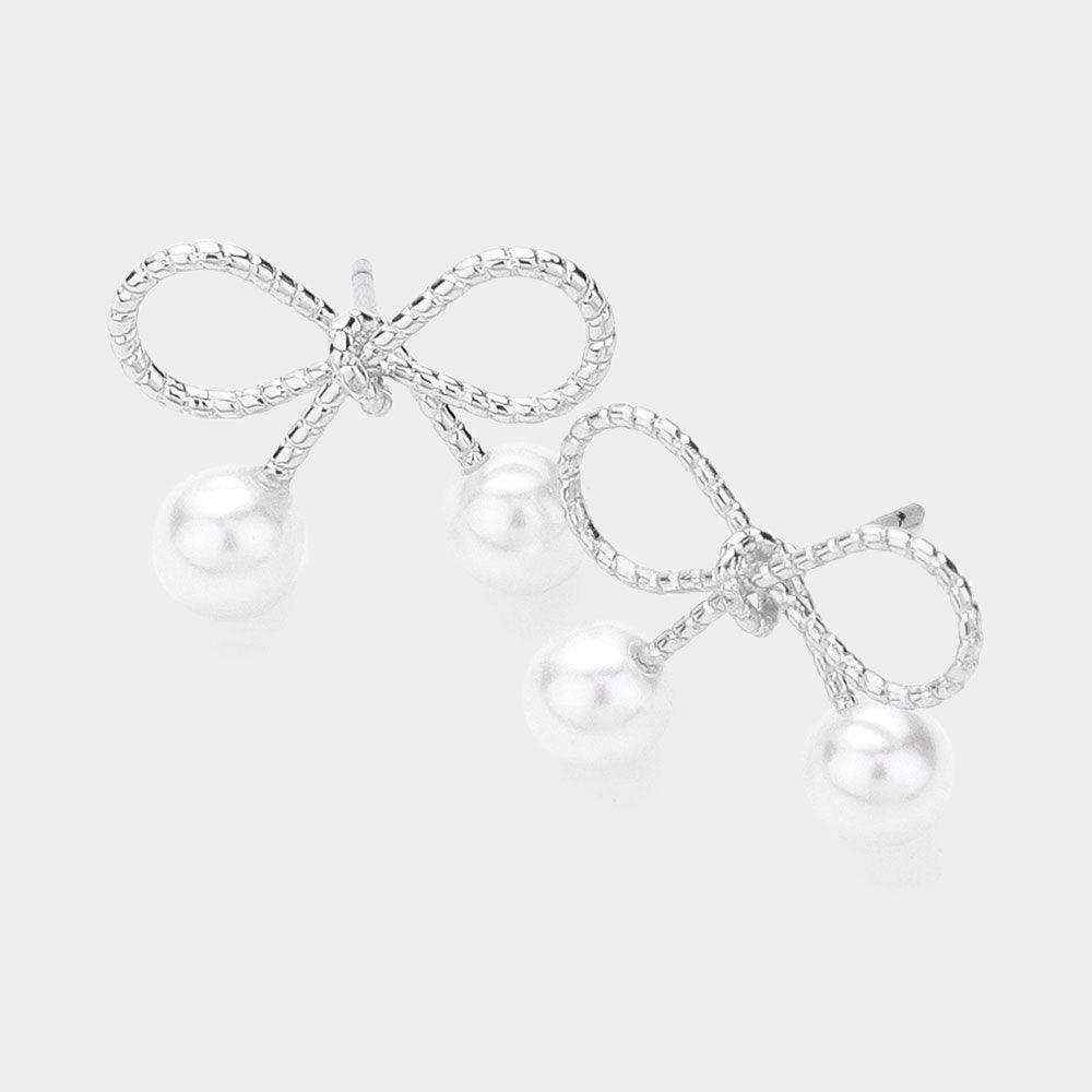Silver Pearl Tip Textured Metal Bow Stud Earrings - Jewelry Store by Erik Rayo