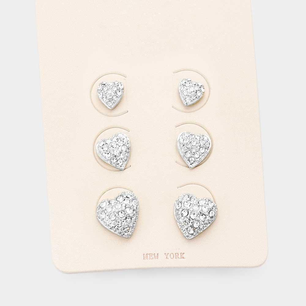 Silver 3Pairs - CZ Cubic Zirconia Heart Stud Earrings - Jewelry Store by Erik Rayo