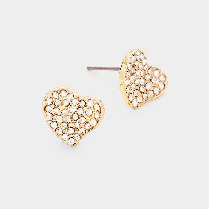 Gold Crystal Rhinestone Paved Heart Stud Earrings - Jewelry Store by Erik Rayo