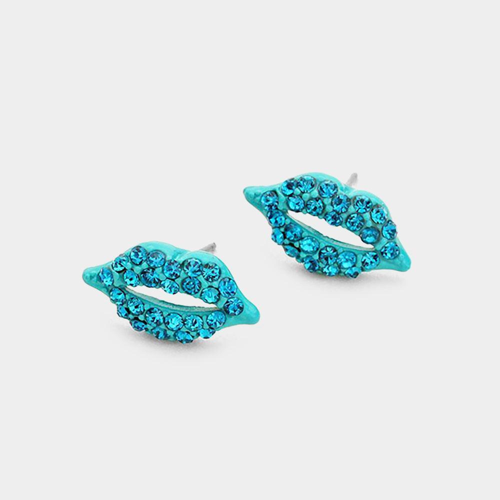 Blue Crystal Pave Lips Stud Earrings - Jewelry Store by Erik Rayo