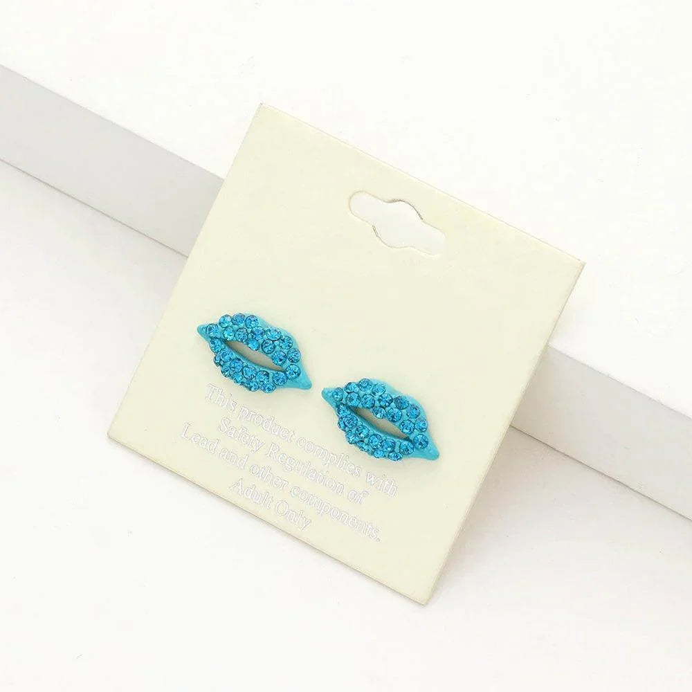 Blue Crystal Pave Lips Stud Earrings - Jewelry Store by Erik Rayo