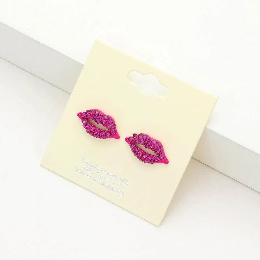 Fuchsia Crystal Pave Lips Stud Earrings - Jewelry Store by Erik Rayo