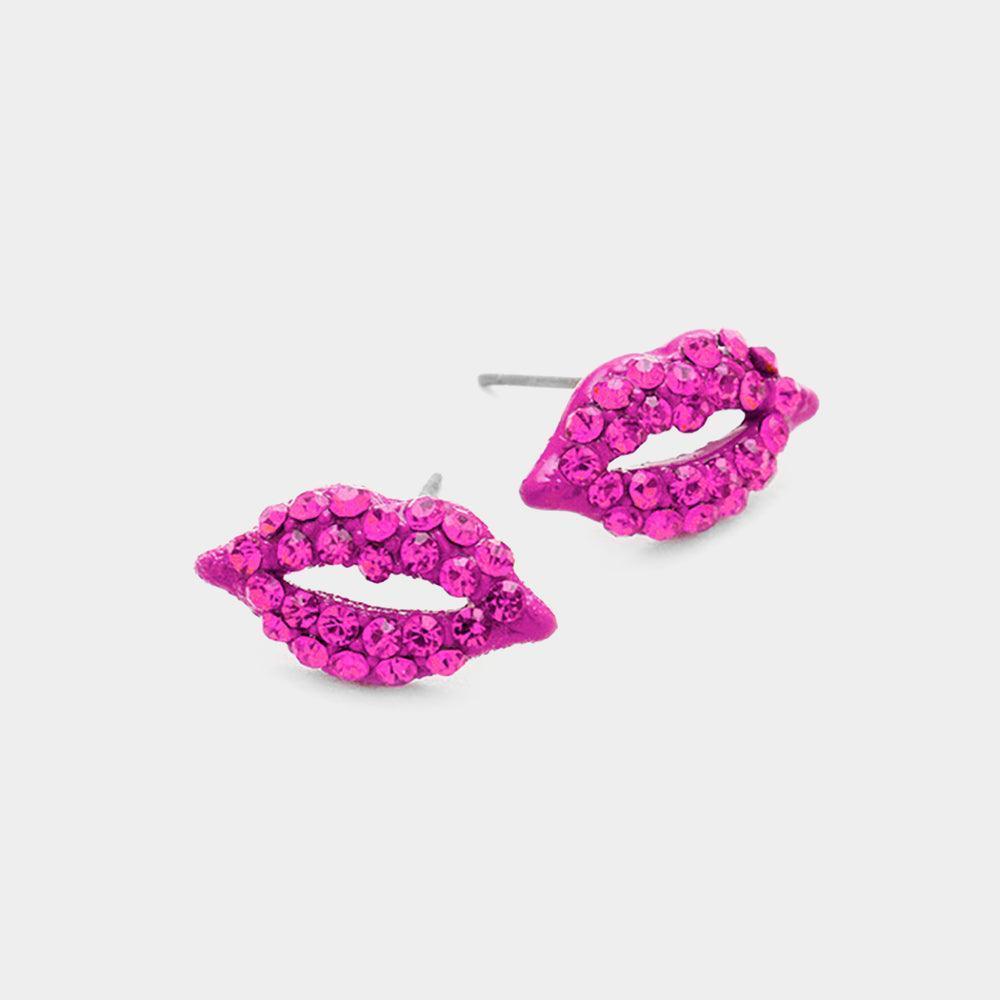 Fuchsia Crystal Pave Lips Stud Earrings - Jewelry Store by Erik Rayo