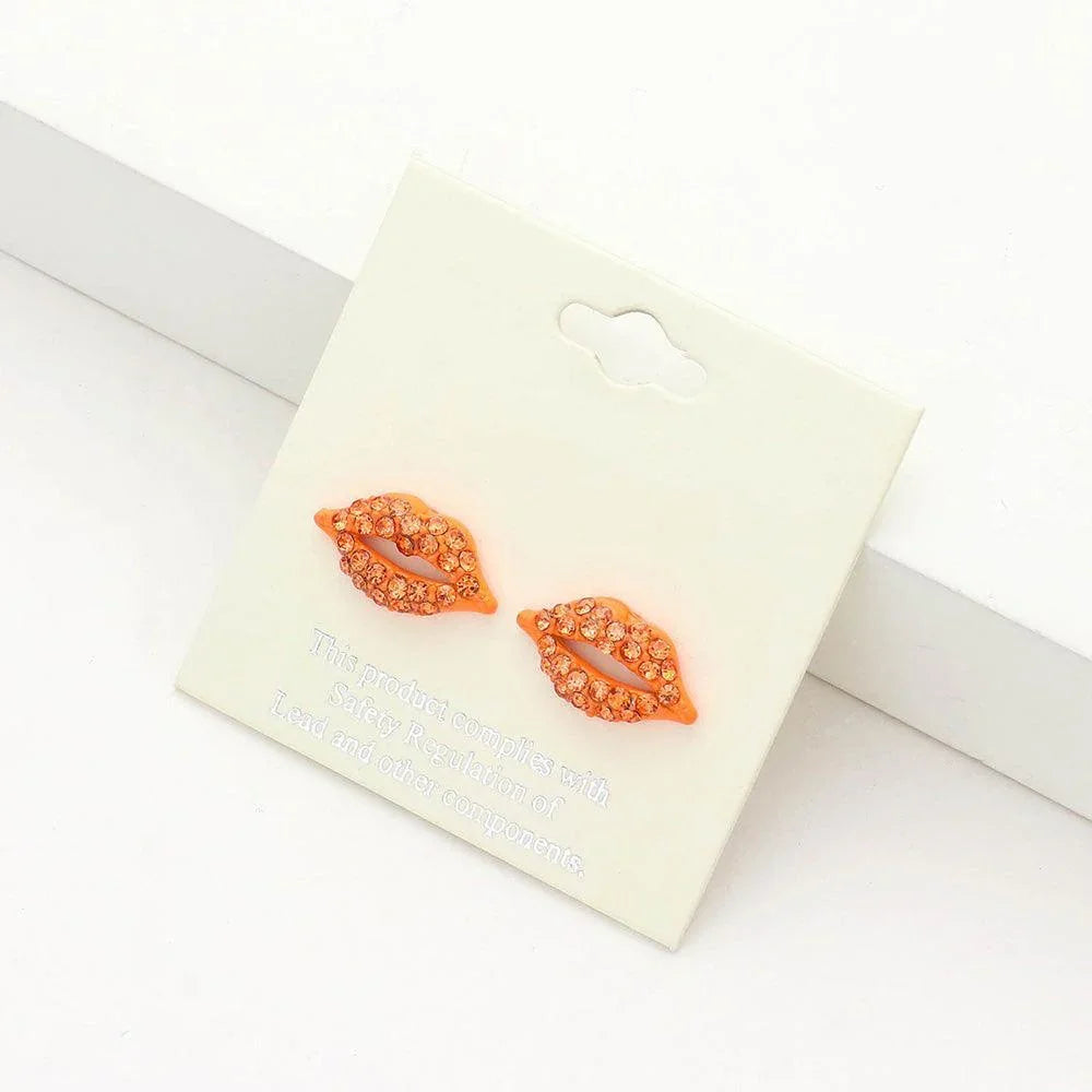 Orange Crystal Pave Lips Stud Earrings - Jewelry Store by Erik Rayo