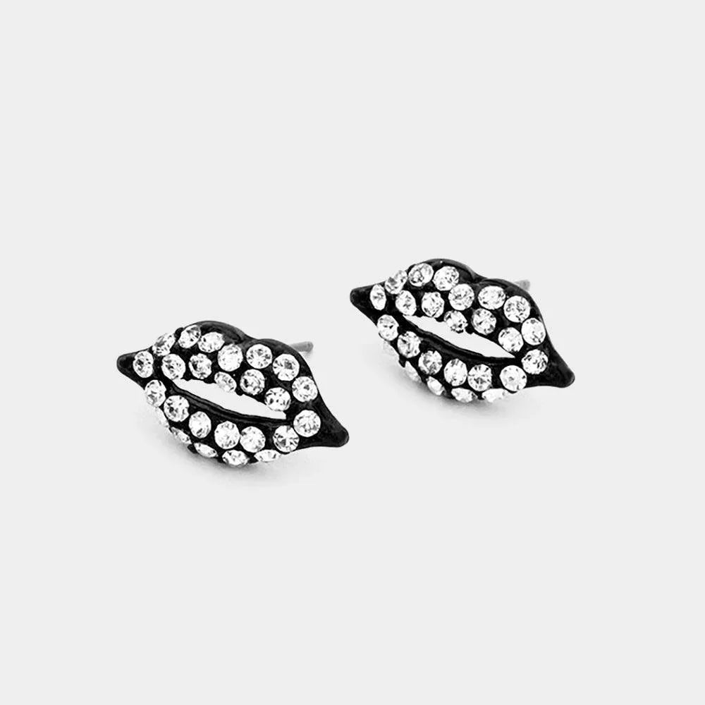 Black Crystal Pave Lips Stud Earrings - Jewelry Store by Erik Rayo