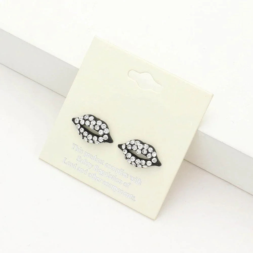 Black Crystal Pave Lips Stud Earrings - Jewelry Store by Erik Rayo