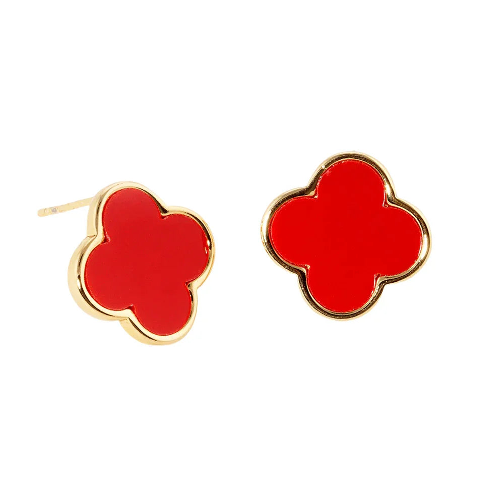 Red Gold Dipped Metal Trim Quatrefoil Stud Earrings - Jewelry Store by Erik Rayo