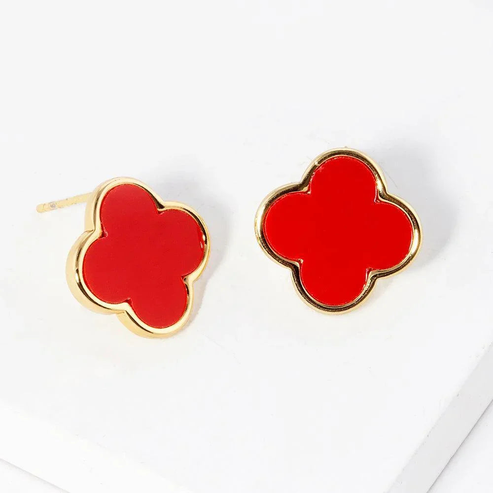 Red Gold Dipped Metal Trim Quatrefoil Stud Earrings - Jewelry Store by Erik Rayo