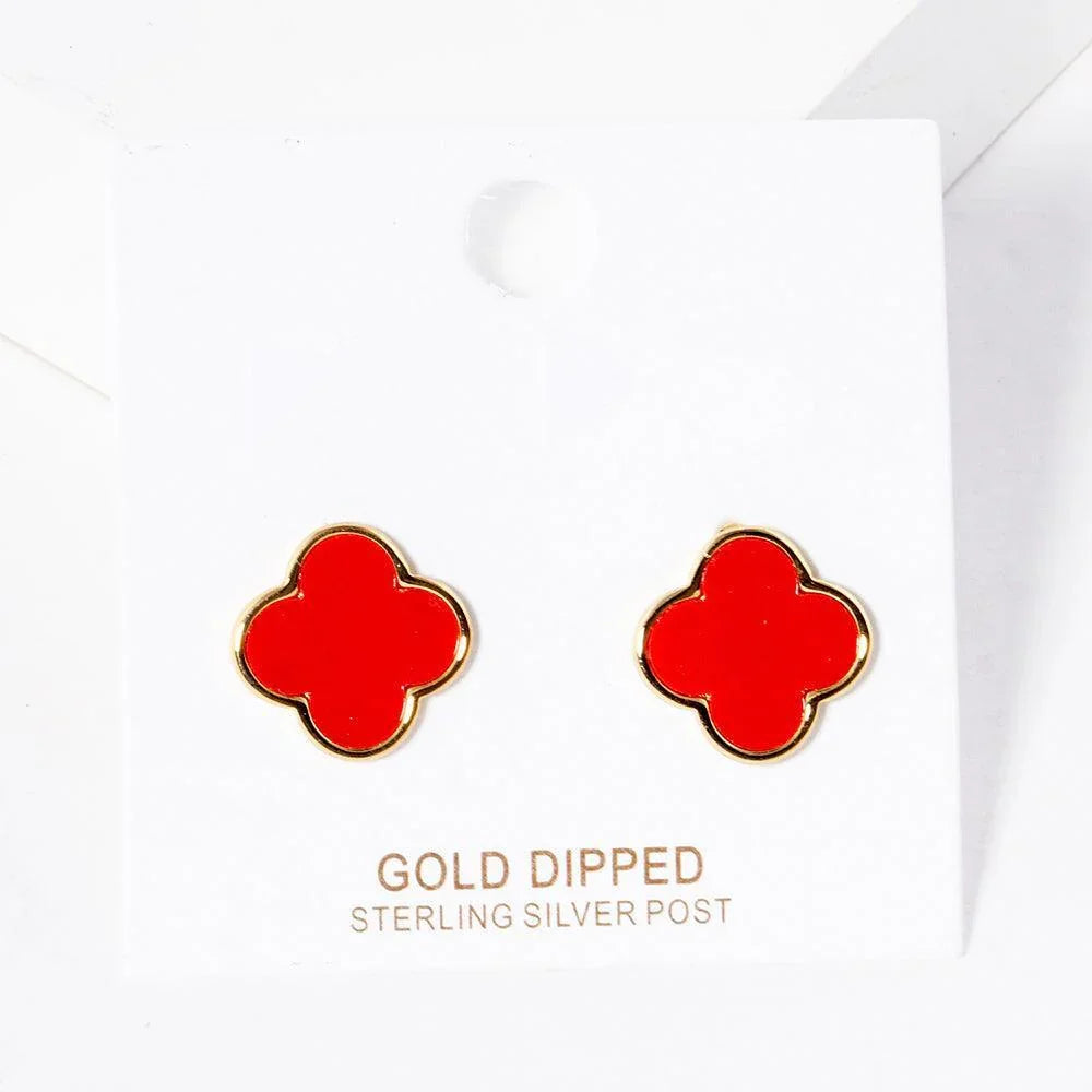 Red Gold Dipped Metal Trim Quatrefoil Stud Earrings - Jewelry Store by Erik Rayo
