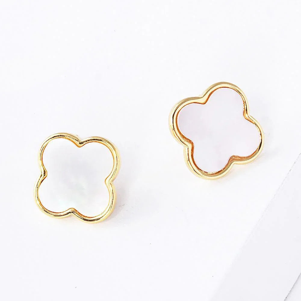 Silver Gold Dipped Metal Trim Mother of Pearl Quatrefoil Stud Earrings - Jewelry Store by Erik Rayo
