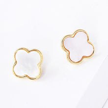 Load image into Gallery viewer, Silver Gold Dipped Metal Trim Mother of Pearl Quatrefoil Stud Earrings
