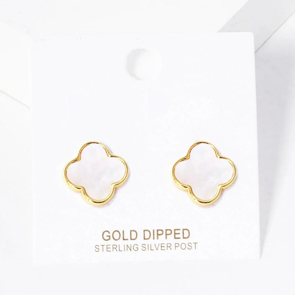Silver Gold Dipped Metal Trim Mother of Pearl Quatrefoil Stud Earrings - Jewelry Store by Erik Rayo