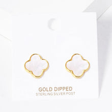 Load image into Gallery viewer, Silver Gold Dipped Metal Trim Mother of Pearl Quatrefoil Stud Earrings
