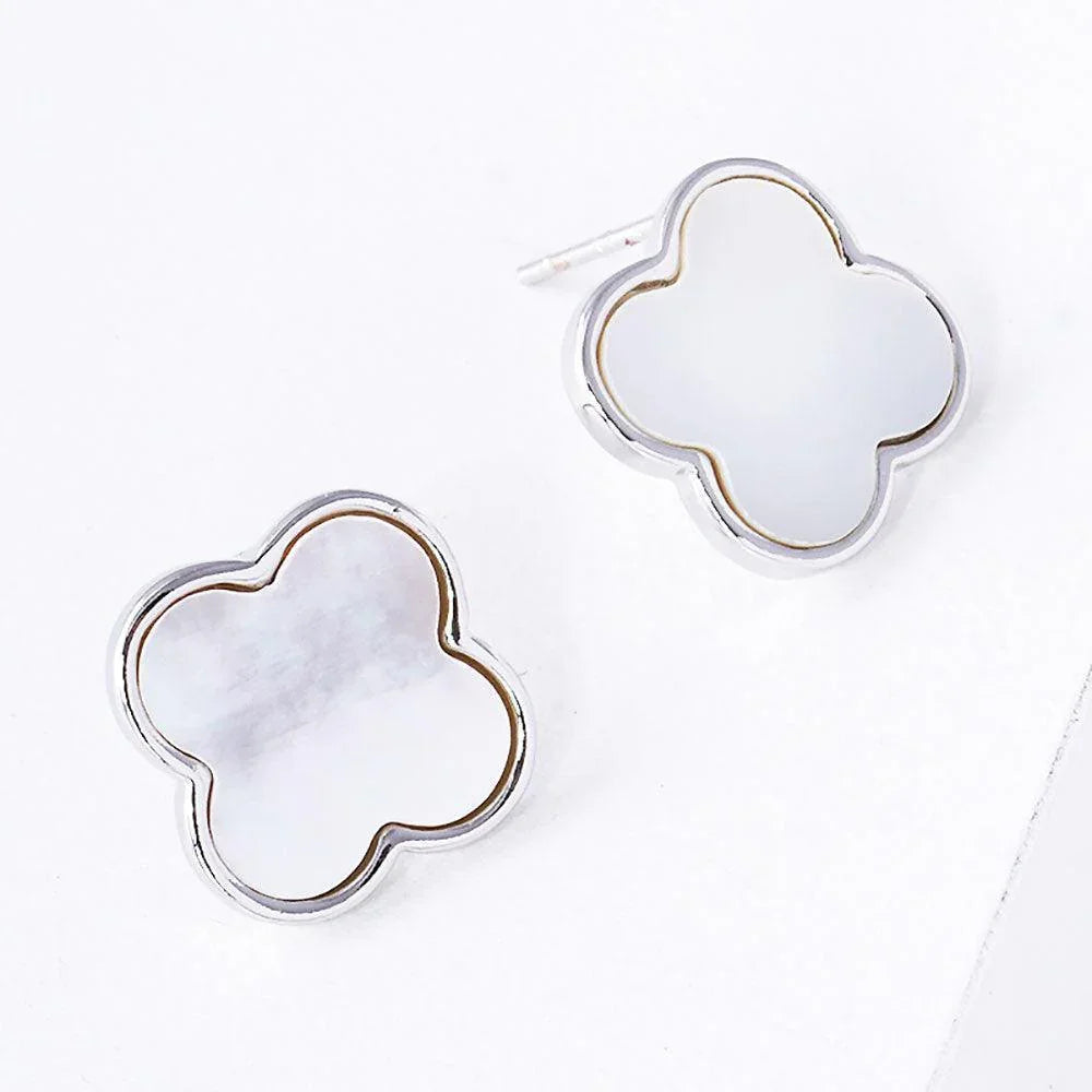 Silver White Gold Dipped Metal Trim Mother of Pearl Quatrefoil Stud Earrings - Jewelry Store by Erik Rayo