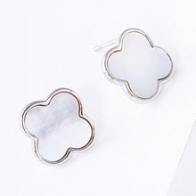 Load image into Gallery viewer, Silver White Gold Dipped Metal Trim Mother of Pearl Quatrefoil Stud Earrings
