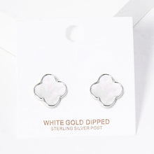 Load image into Gallery viewer, Silver White Gold Dipped Metal Trim Mother of Pearl Quatrefoil Stud Earrings
