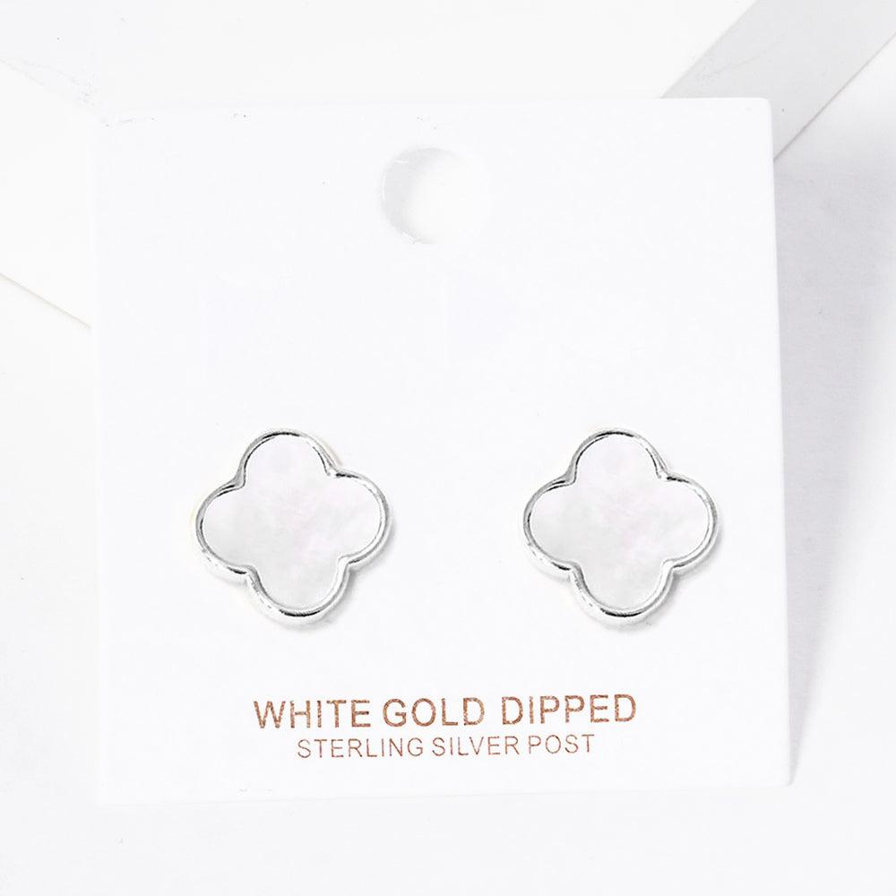 Silver White Gold Dipped Metal Trim Mother of Pearl Quatrefoil Stud Earrings