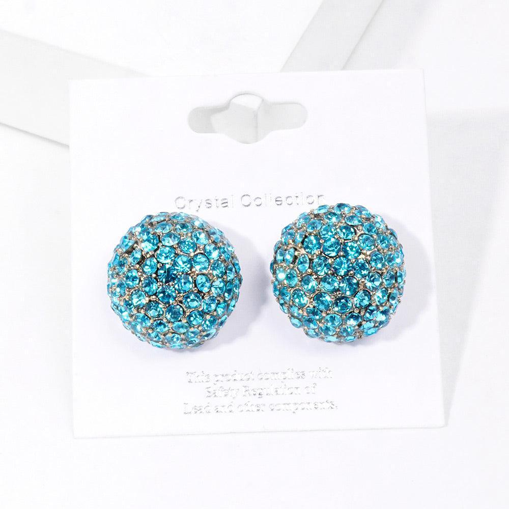 Aqua Rhinestone Embellished Dome Stud Evening Earrings - Jewelry Store by Erik Rayo