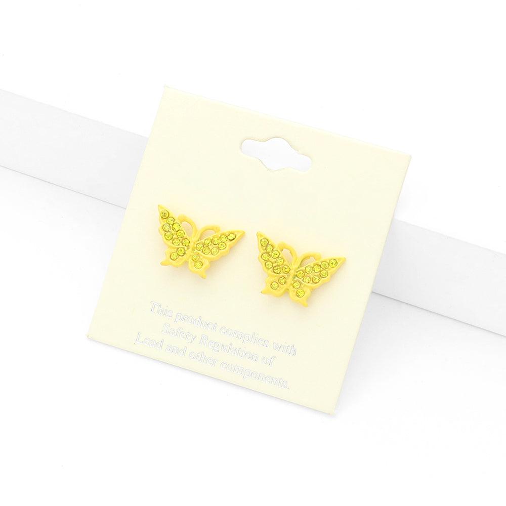 Yellow Rhinestone Embellished Butterfly Stud Earrings