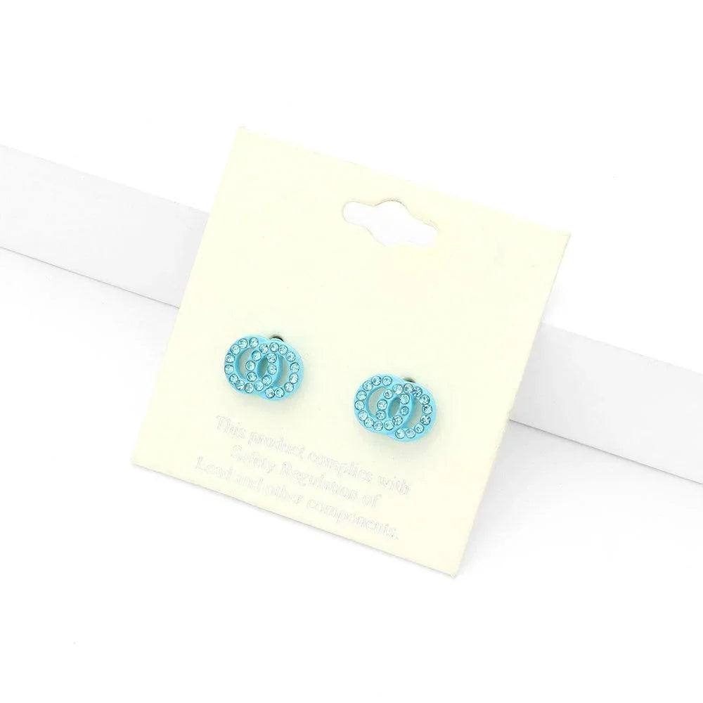 Aqua Rhinestone Embellished Double Open Circle Link Stud Earringsv - Jewelry Store by Erik Rayo