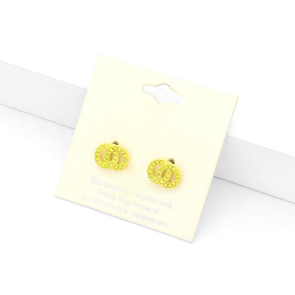 Yellow Rhinestone Embellished Double Open Circle Link Stud Earrings