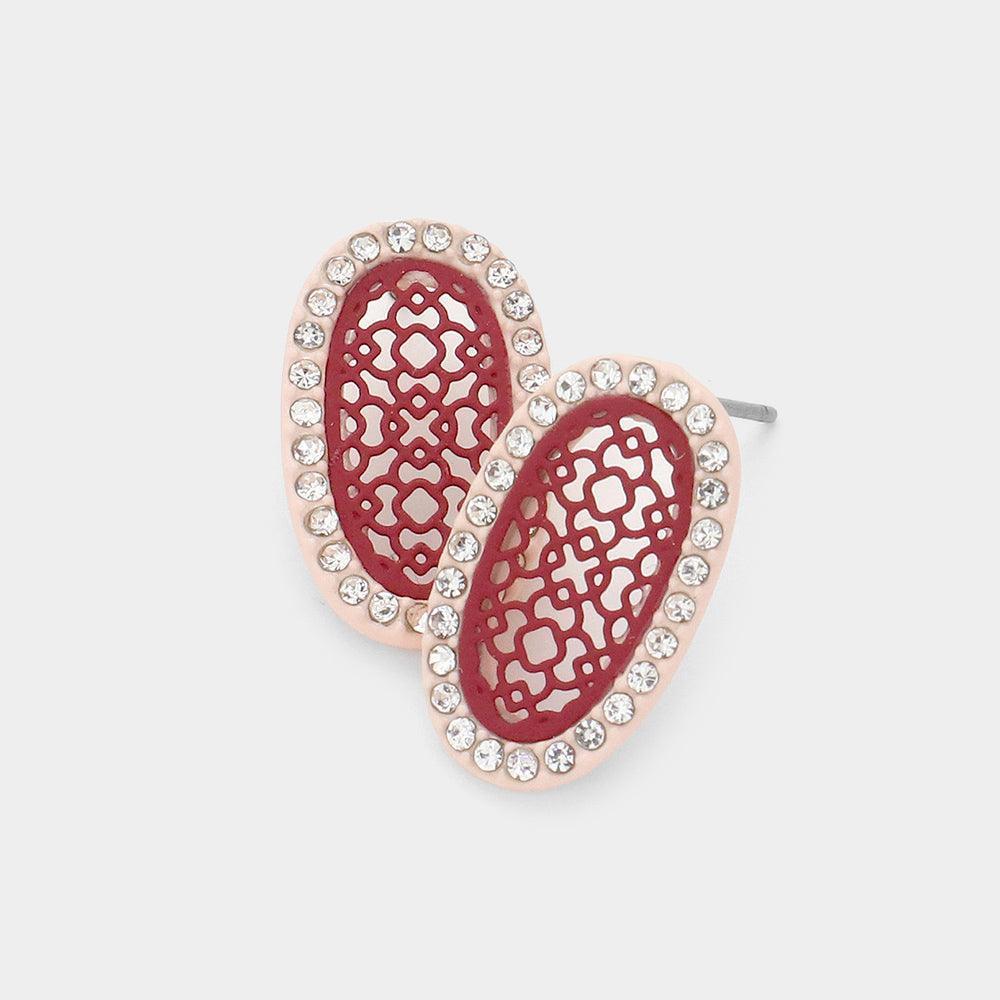Burgundy Filigree Rhinestone Stud Earrings - Jewelry Store by Erik Rayo