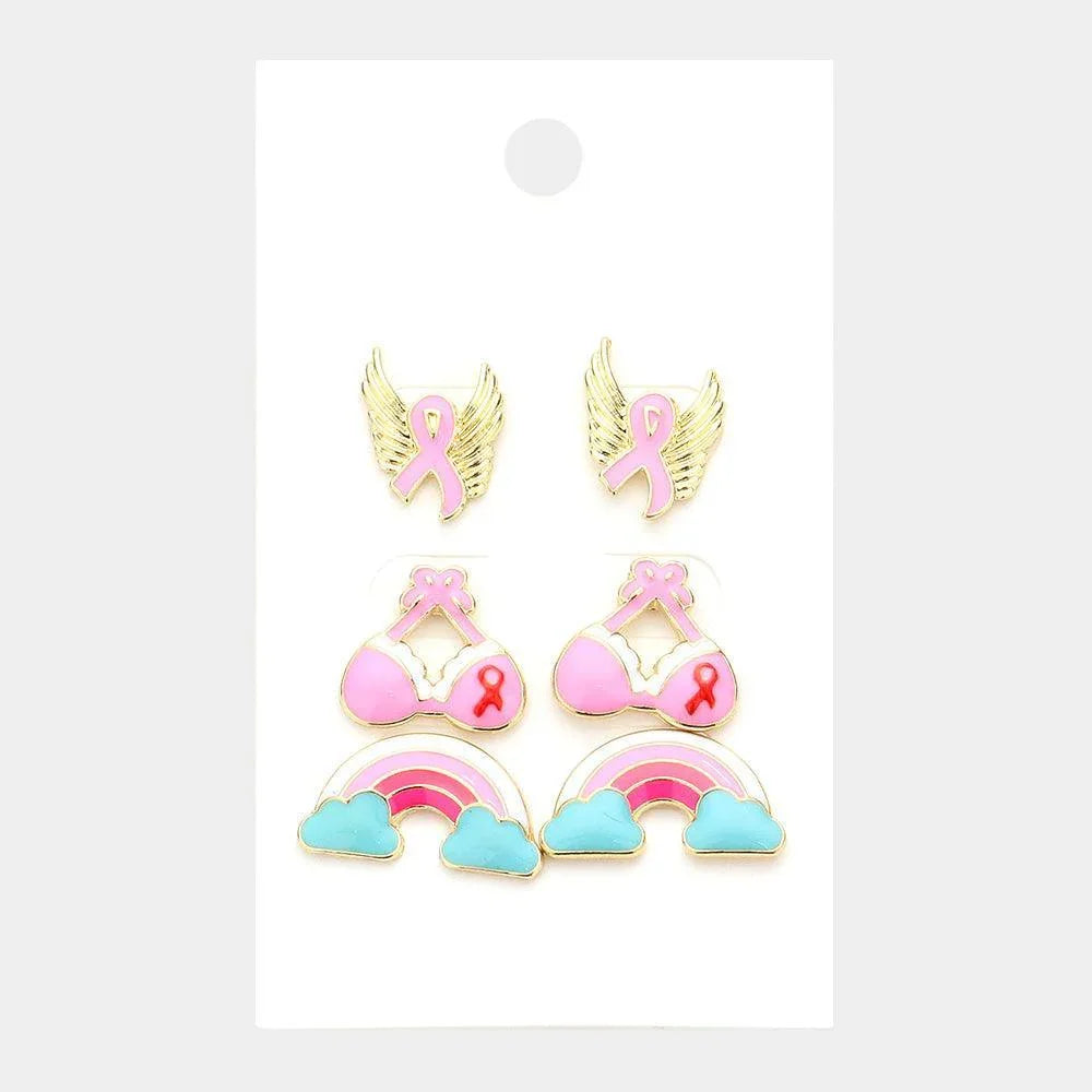 Pink 3Pairs - Pink Ribbon Wings Bra Rainbow Stud Earrings - Jewelry Store by Erik Rayo