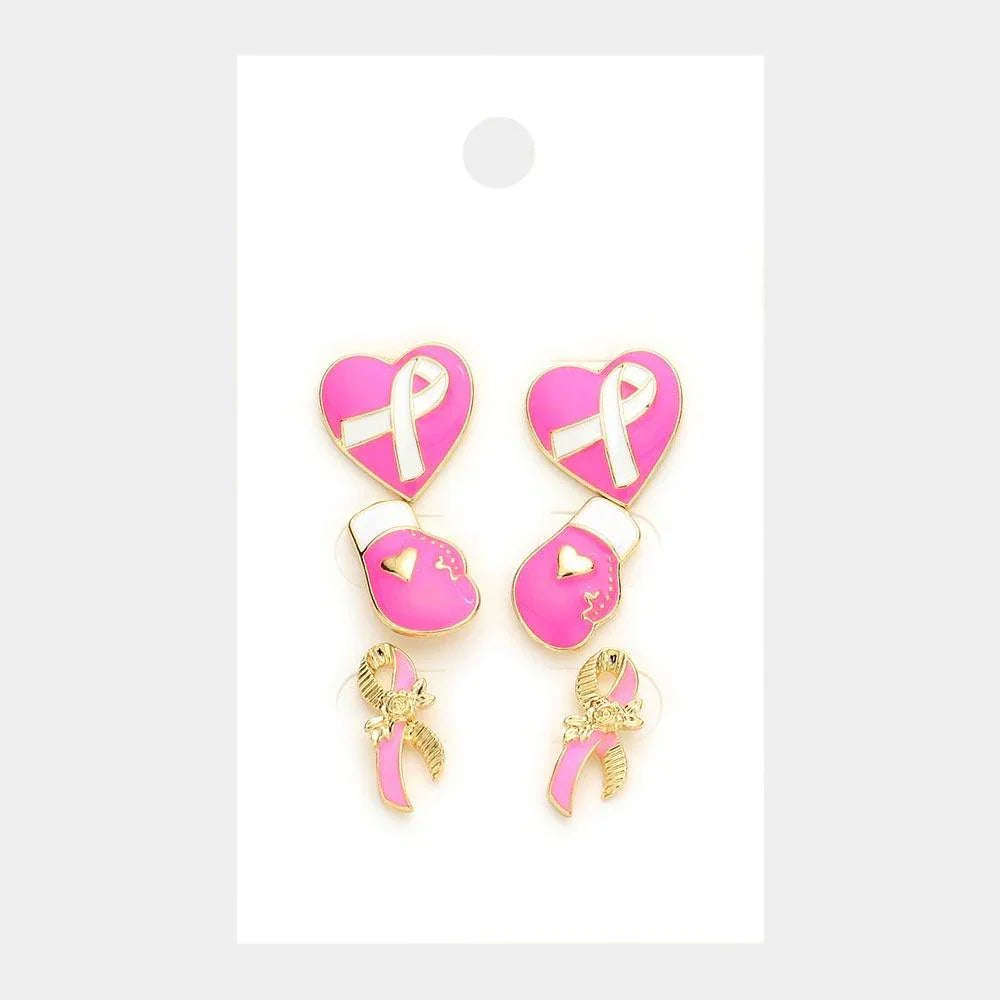 Pink 3Pairs - Pink Ribbon Heart Gloves Stud Earrings - Jewelry Store by Erik Rayo