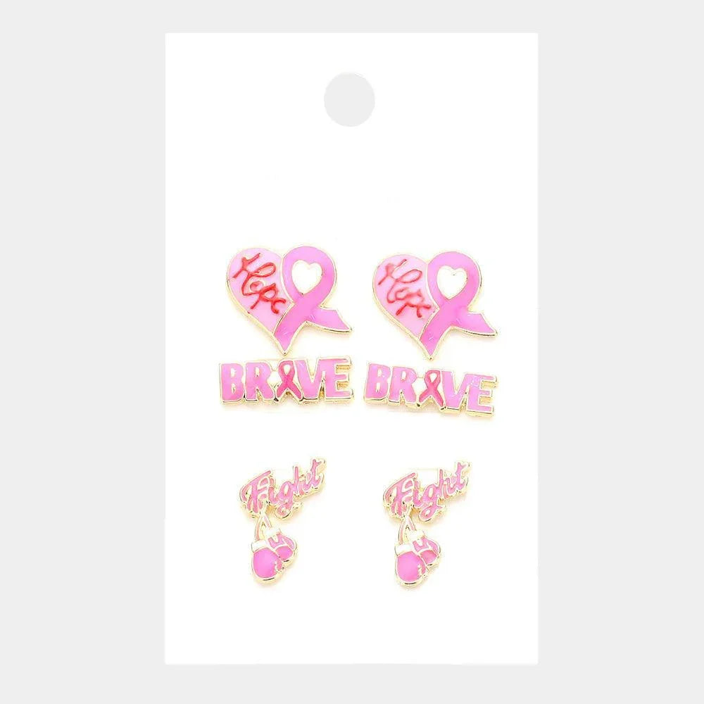 Pink 3Pairs - Pink Ribbon Heart Hope BRAVE Fight Message Stud Earrings - Jewelry Store by Erik Rayo