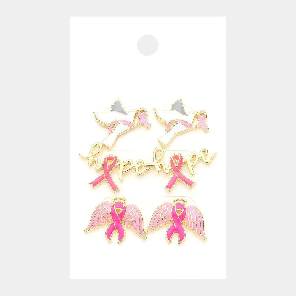 Pink 3Pairs - Pink Ribbon Bird Hope Message Wings Stud Earrings - Jewelry Store by Erik Rayo