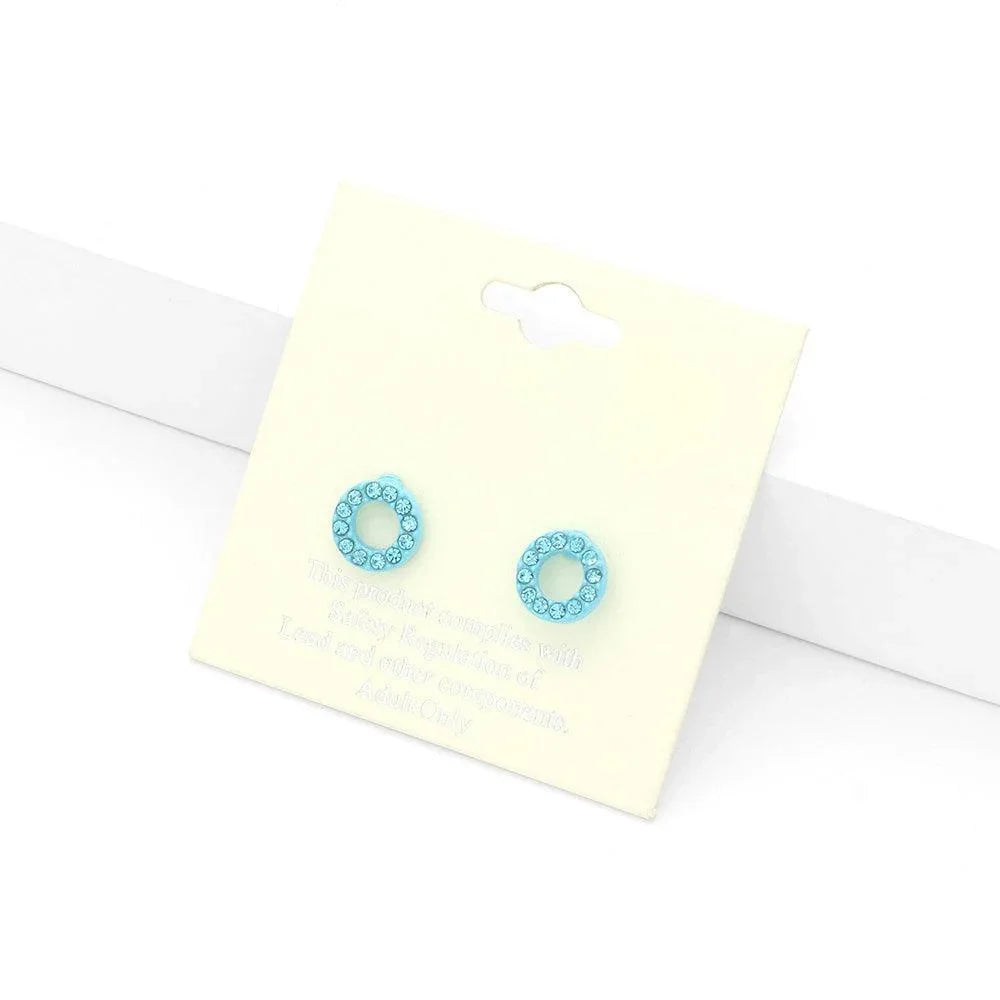 Aqua Rhinestone Embellished Open Circle Stud Earrings - Jewelry Store by Erik Rayo