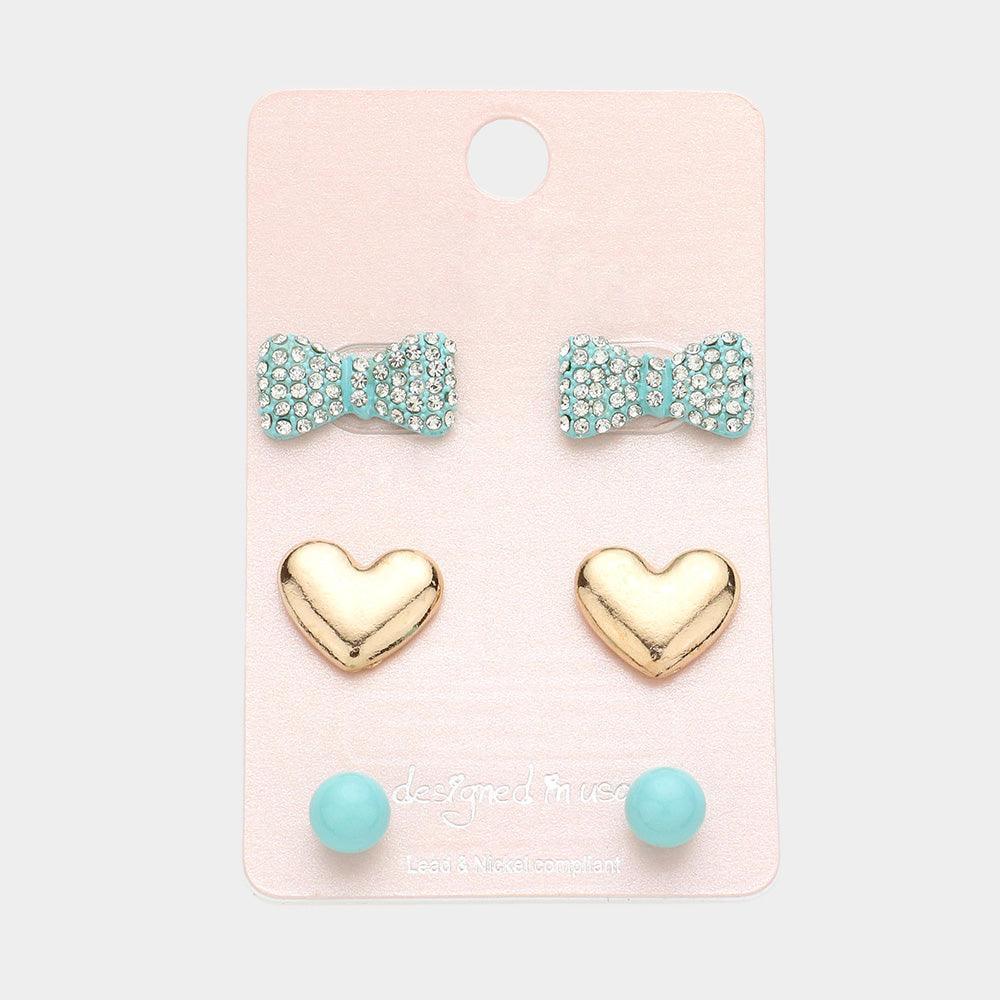 Aqua 3Pairs - Crystal Pave Bow Metal Heart Stud Earrings - Jewelry Store by Erik Rayo