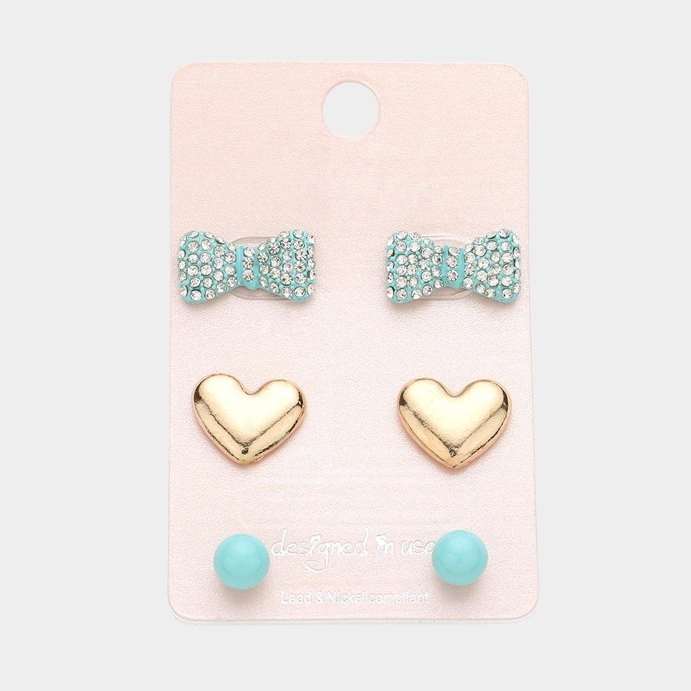 Aqua 3Pairs - Crystal Pave Bow Metal Heart Stud Earrings