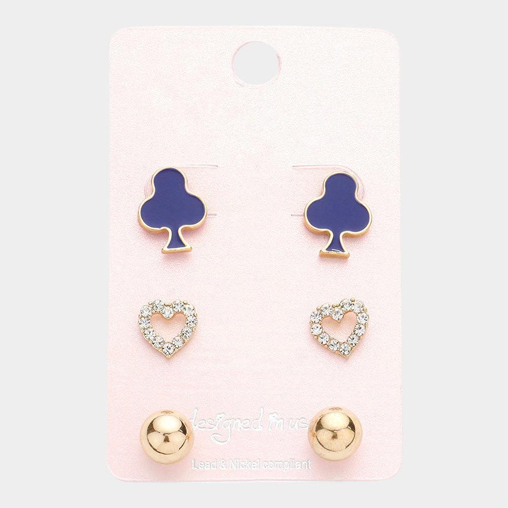3Pairs - Clover Crystal Heart Metal Ball Stud Earrings - Jewelry Store by Erik Rayo