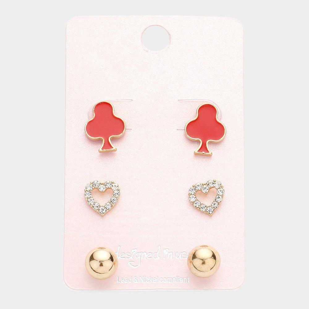 Red 3Pairs - Clover Crystal Heart Metal Ball Stud Earrings - Jewelry Store by Erik Rayo