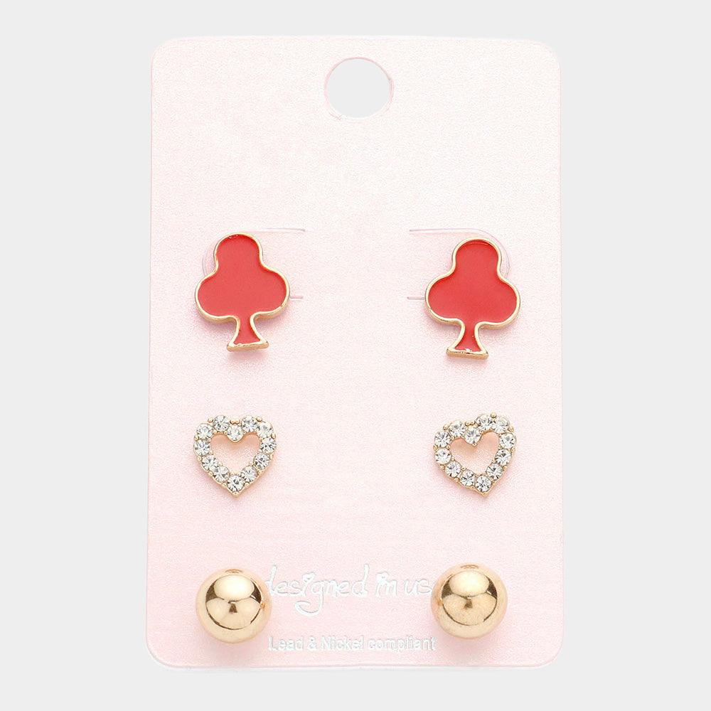 Red 3Pairs - Clover Crystal Heart Metal Ball Stud Earrings