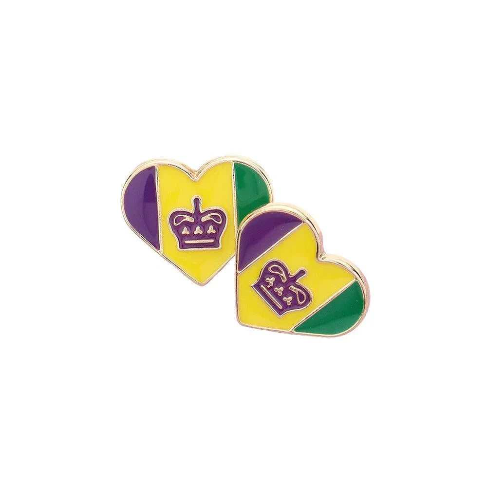 Enamel Mardi Gras Fleur de Lis Heart Stud Earrings - Jewelry Store by Erik Rayo