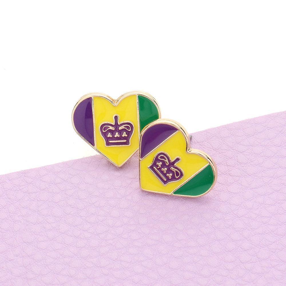 Enamel Mardi Gras Fleur de Lis Heart Stud Earrings - Jewelry Store by Erik Rayo