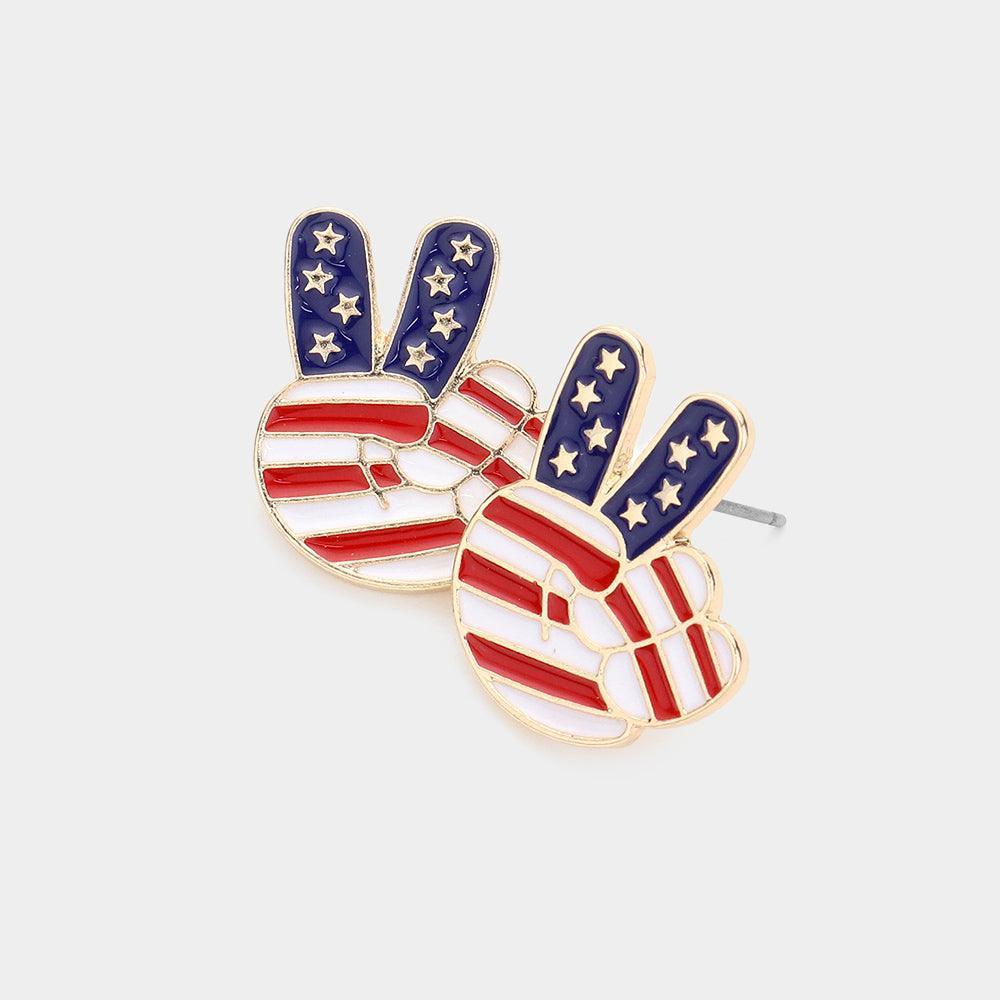 American USA Flag Enamel Peace Fingers Stud Earrings - Jewelry Store by Erik Rayo