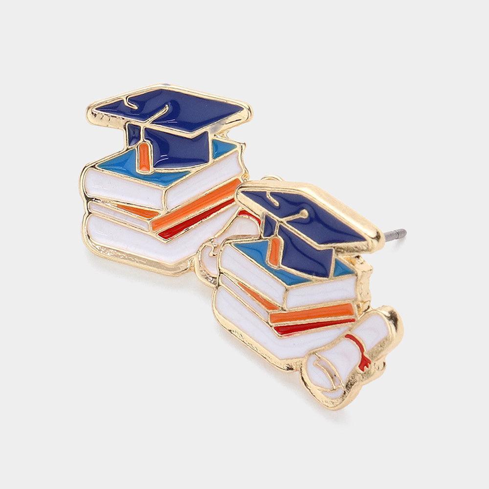 Enamel Graduation Hat Book Stud Earrings - Jewelry Store by Erik Rayo
