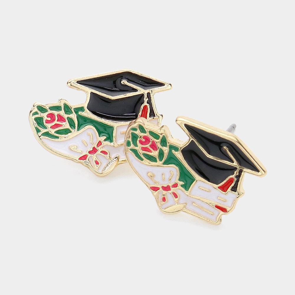 Black Enamel Graduate Hat Flower Stud Earrings - Jewelry Store by Erik Rayo