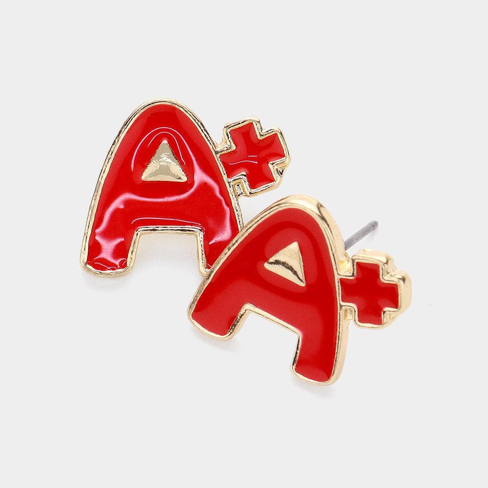Red Enamel A+ Stud Earrings - Jewelry Store by Erik Rayo