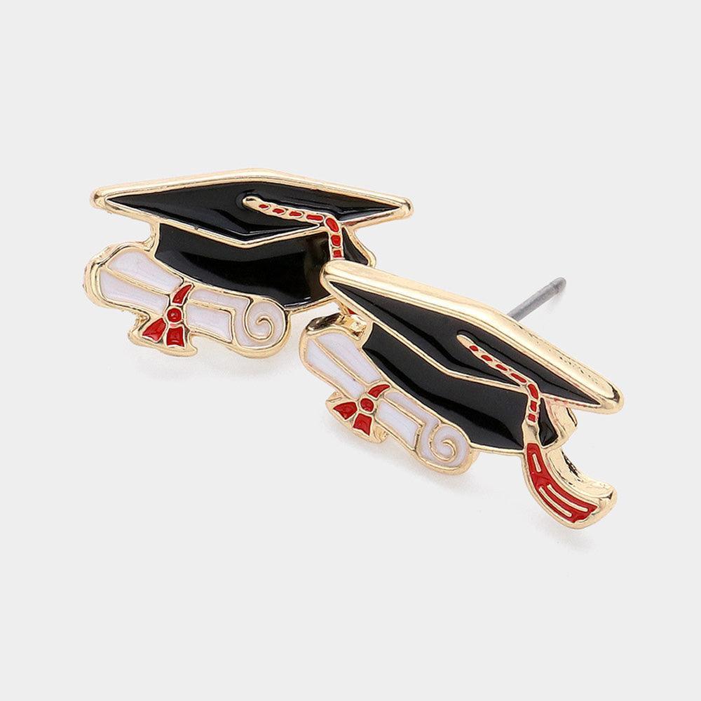 Black Enamel Graduation Hat Stud Earrings - Jewelry Store by Erik Rayo