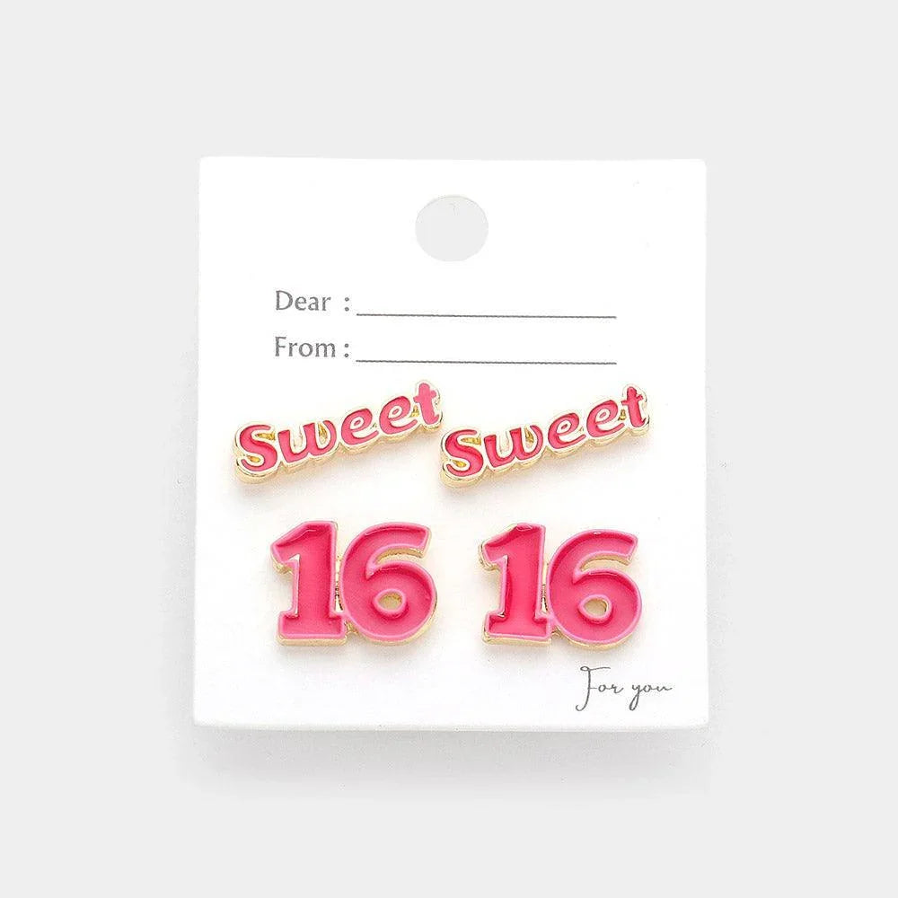 Pink 2PAIRS - Enamel Sweet 16 Stud Earrings - Jewelry Store by Erik Rayo