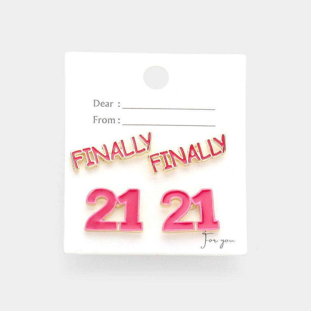 Pink 2PAIRS - Enamel Finally 21 Stud Earrings - Jewelry Store by Erik Rayo