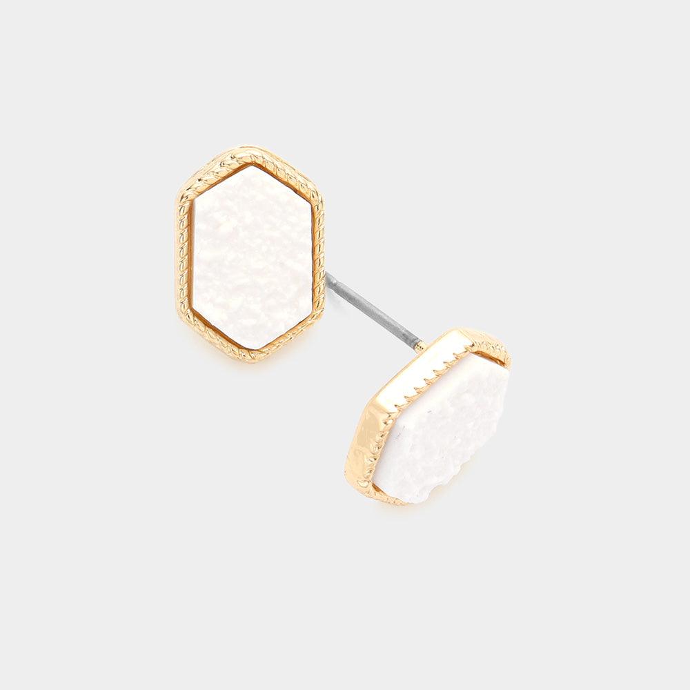 White Hexagonal Druzy Stud Earrings