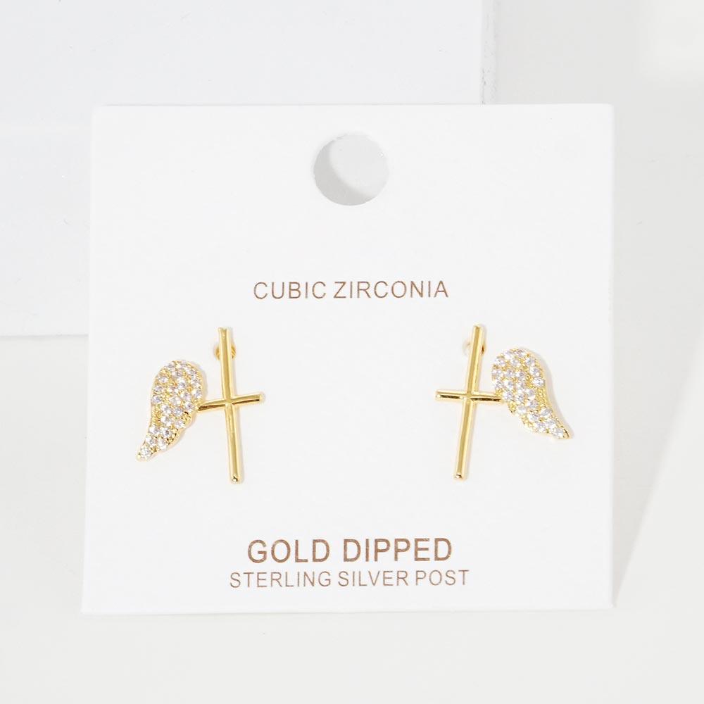Silver Gold Dipped CZ Wing Metal Cross Stud Earrings - Jewelry Store by Erik Rayo