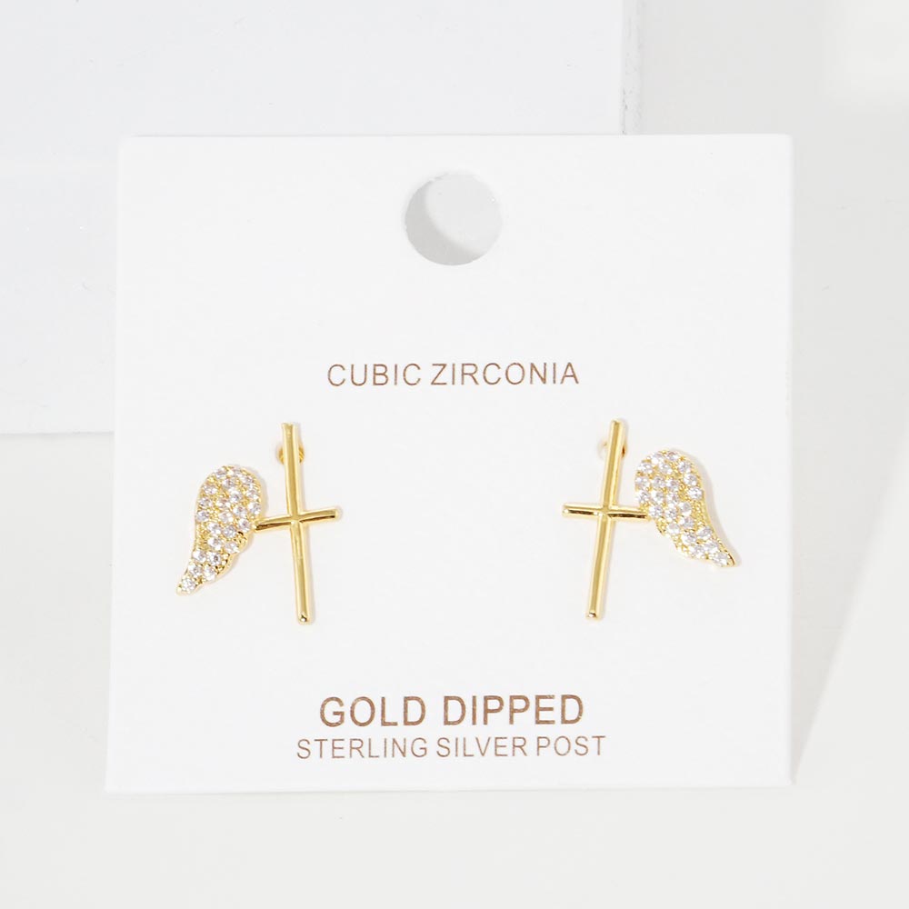 Silver Gold Dipped CZ Wing Metal Cross Stud Earrings