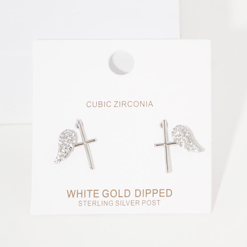 Silver White Gold Dipped CZ Wing Metal Cross Stud Earrings